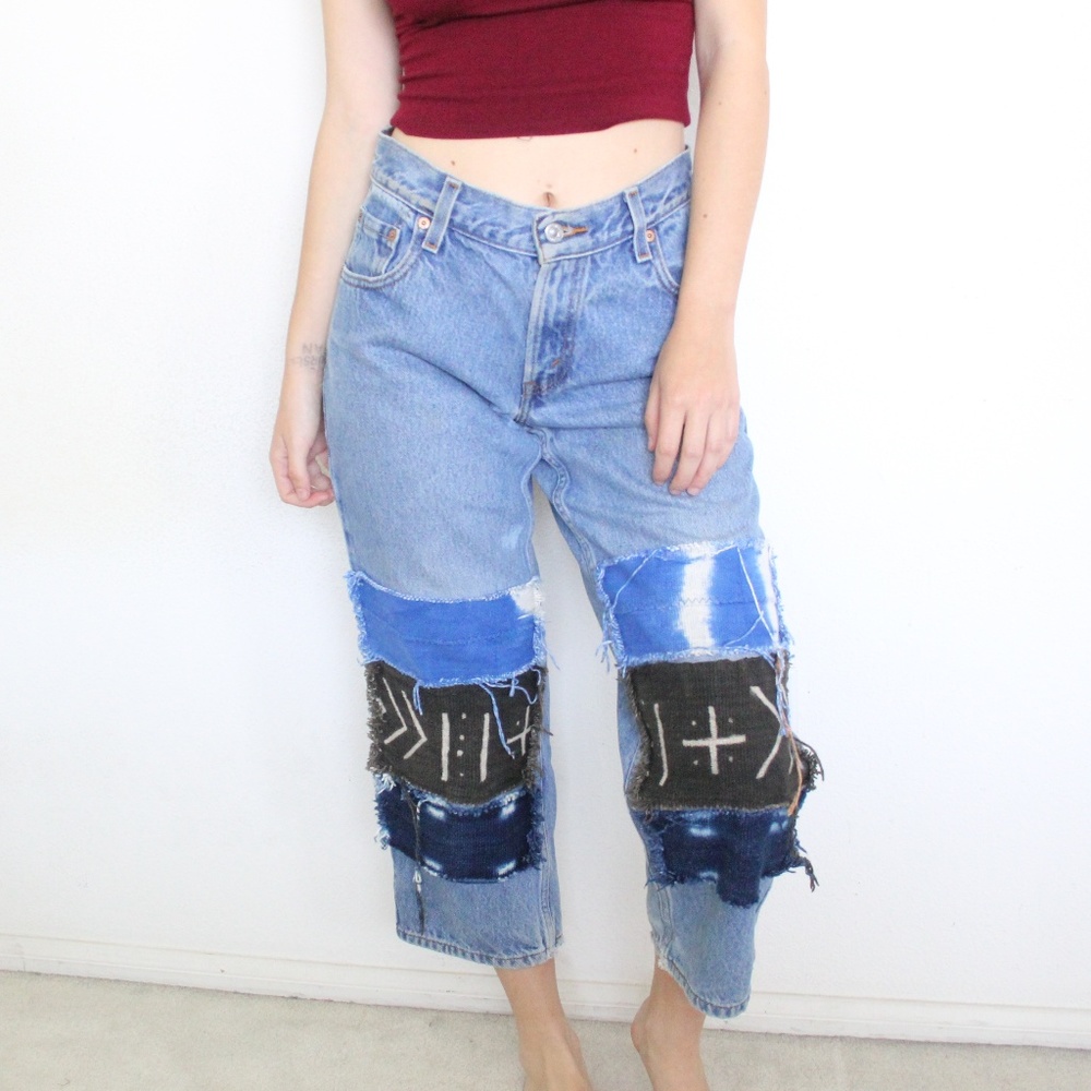RE-Worked VTG 550 sz 28 crop Patchwork Levi's Reworked Upcycled textural patches - Picture 2 of 9